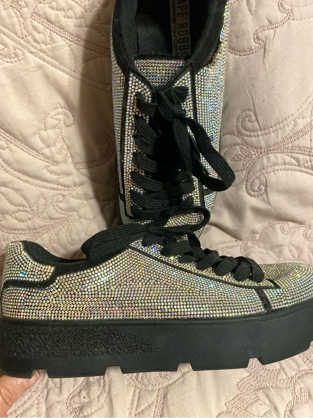 Sparkle Lace-Up Platform Sneakers - Black with Iridescent Crystal Detail